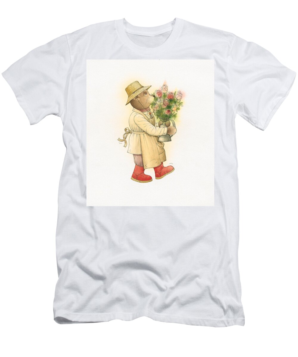 Love Garden Flowers Roses Bears T-Shirt featuring the painting Florentius the Gardener01 by Kestutis Kasparavicius