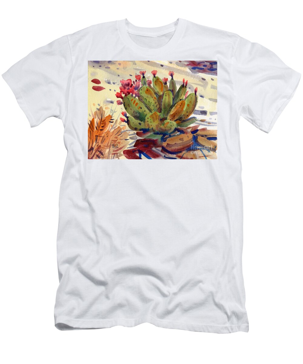 Opuntia Cactus T-Shirt featuring the painting Flowering Opuntia by Donald Maier