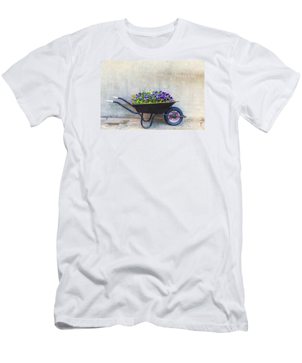 Cement T-Shirt featuring the photograph Flowers in a wheelbarrow by Jim Orr