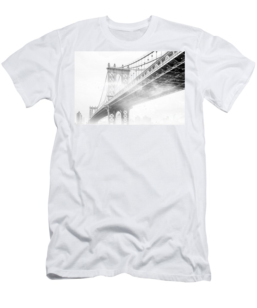 Manhattan Bridge T-Shirt featuring the photograph Fog Under The Manhattan BW by Az Jackson