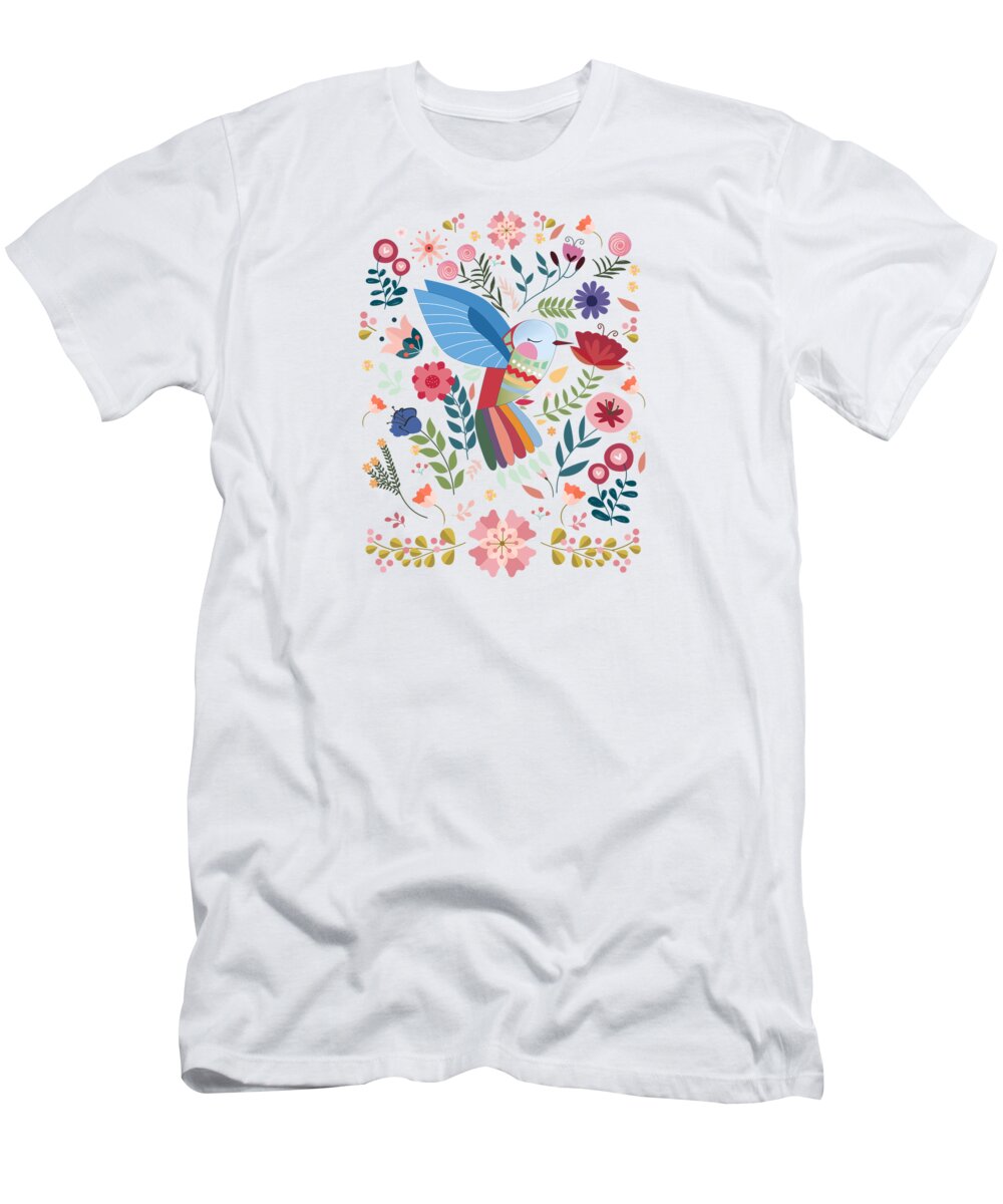 Painting T-Shirt featuring the painting Folk Art Inspired Hummingbird In A Burst Of Springtime Blossoms by Little Bunny Sunshine