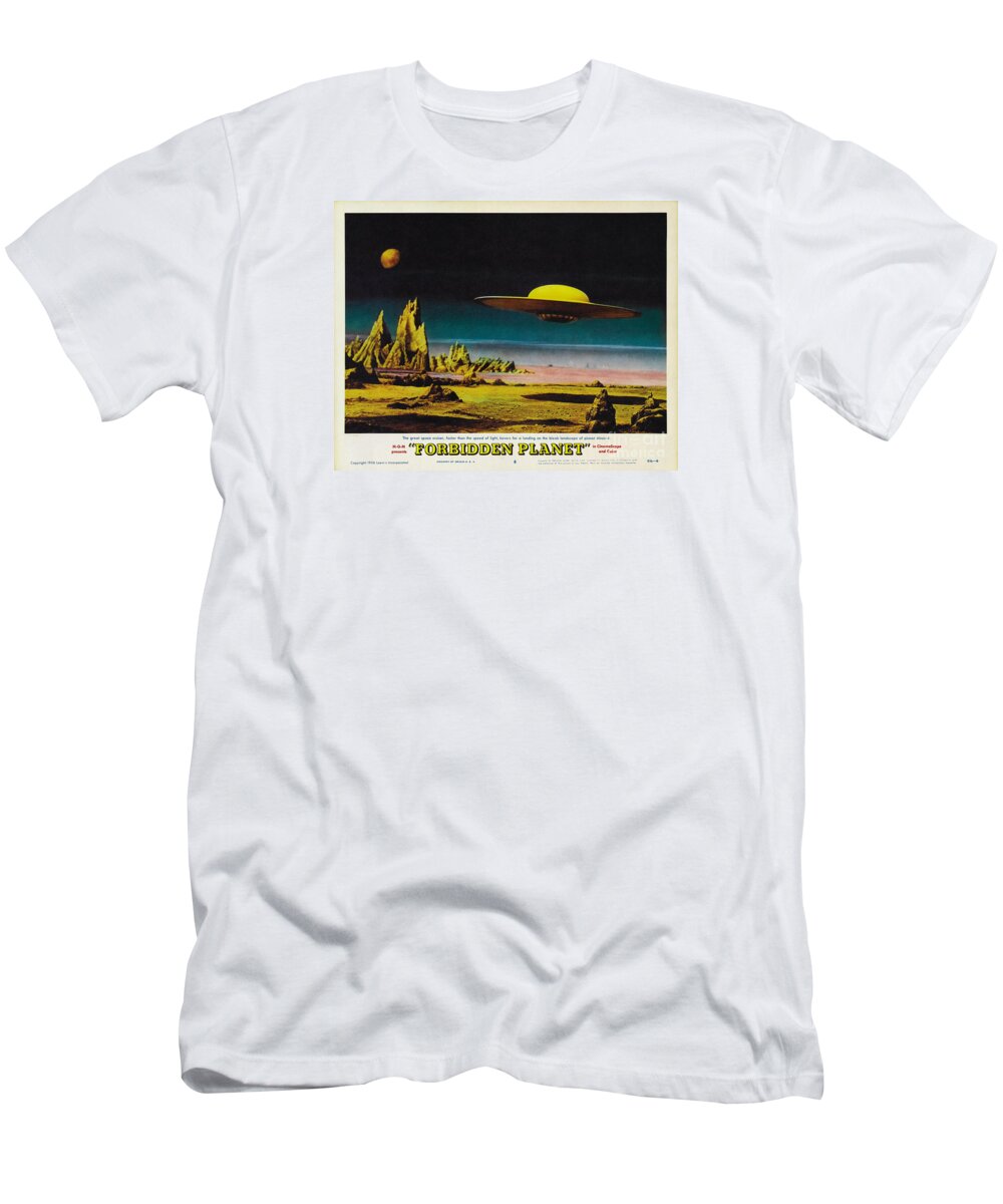 Forbidden Planet T-Shirt featuring the painting Forbidden Planet in CinemaScope retro classic movie poster detailing flying saucer by Vintage Collectables