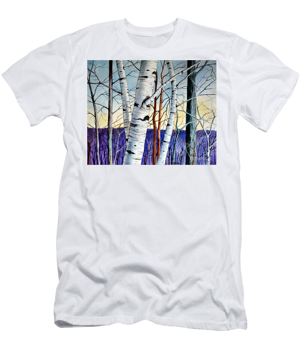 Birch T-Shirt featuring the painting Forest of trees by Christopher Shellhammer