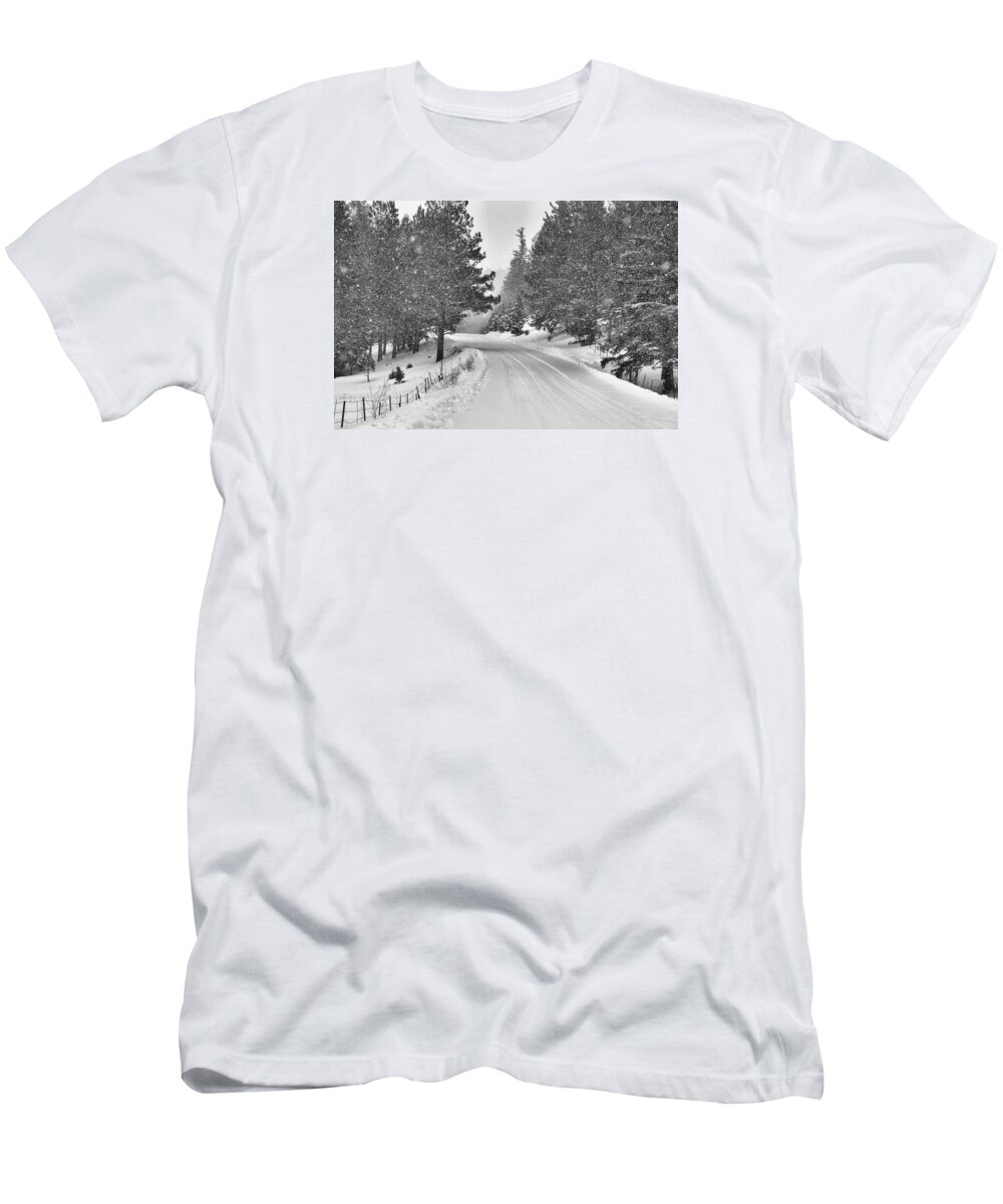 New Mexico T-Shirt featuring the photograph Forest Road in the Snow by Jacqui Binford-Bell
