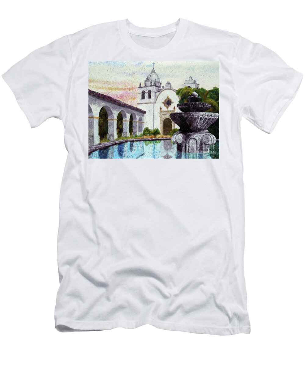 Carmel T-Shirt featuring the painting Fountain at Carmel by Laura Iverson