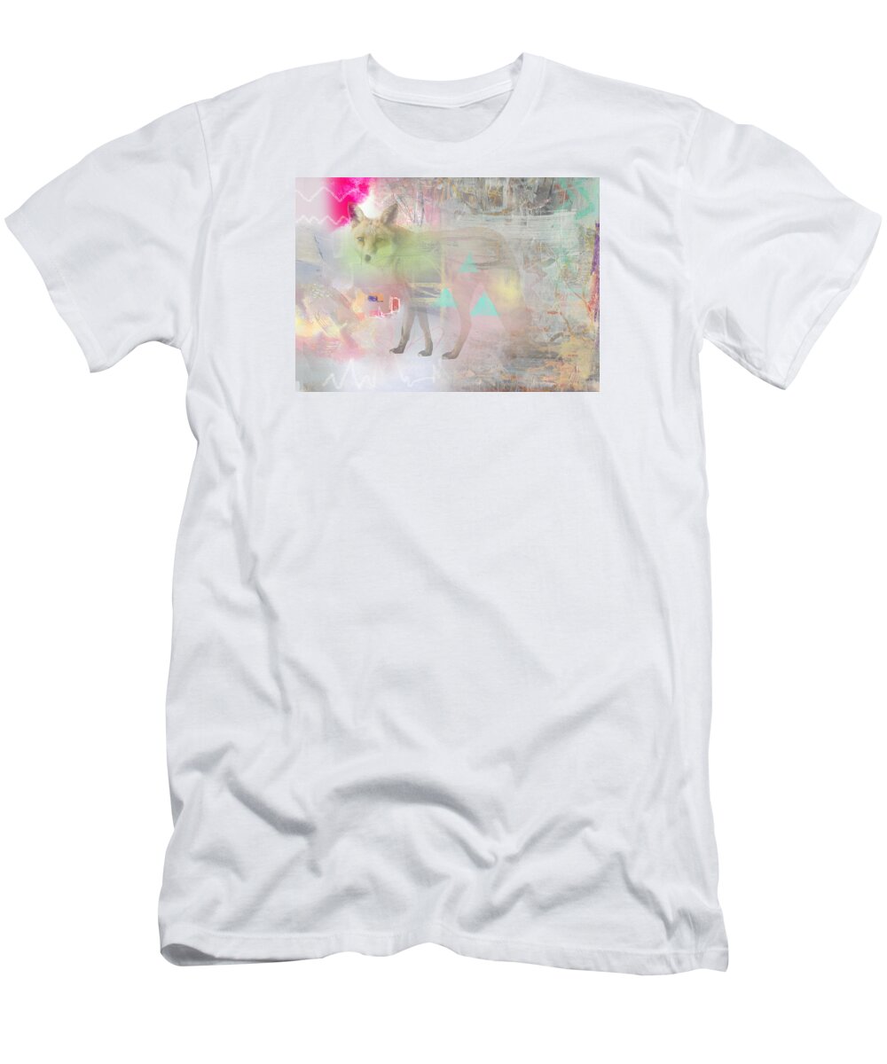 Fox T-Shirt featuring the mixed media Fox in the fog by Claudia Schoen