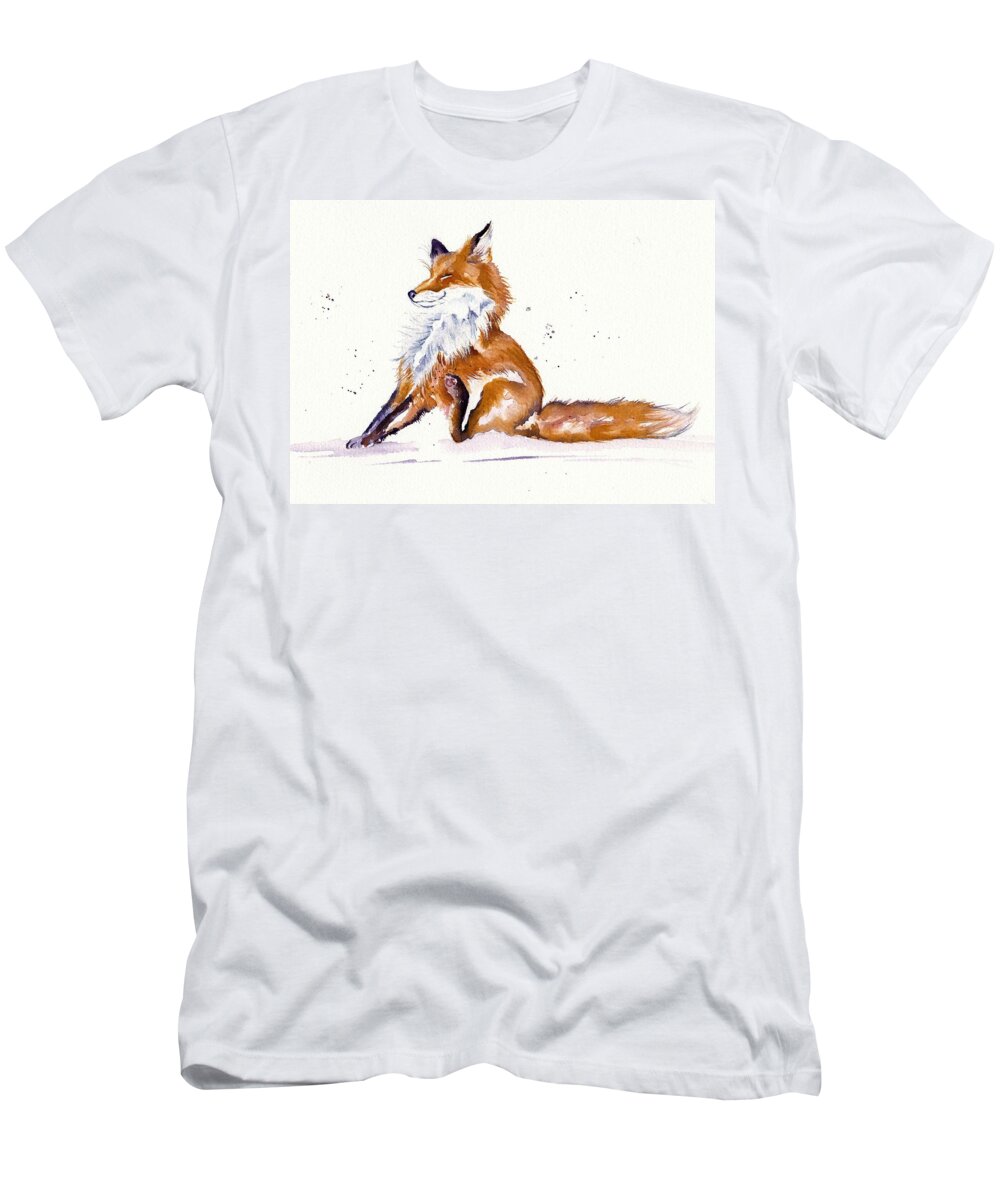 Red Fox T-Shirt featuring the painting Foxy Flea Magnet by Debra Hall