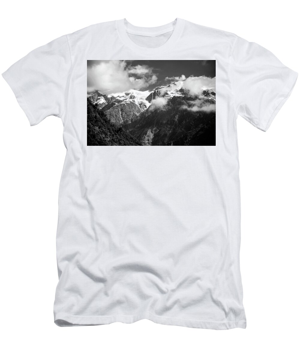 Joan Carroll T-Shirt featuring the photograph Franz Josef Glacier Valley New Zealand BW by Joan Carroll