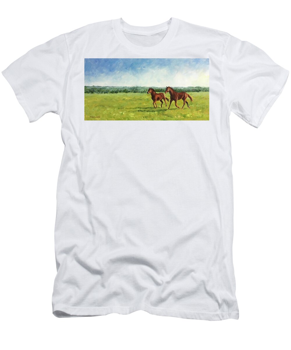 Equine T-Shirt featuring the painting Free to Run by Connie Schaertl