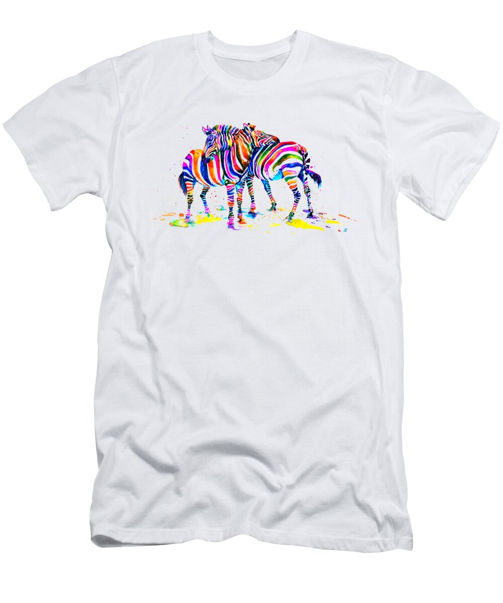 Zebras T-Shirt featuring the painting Rainbow Zebras by Zaira Dzhaubaeva
