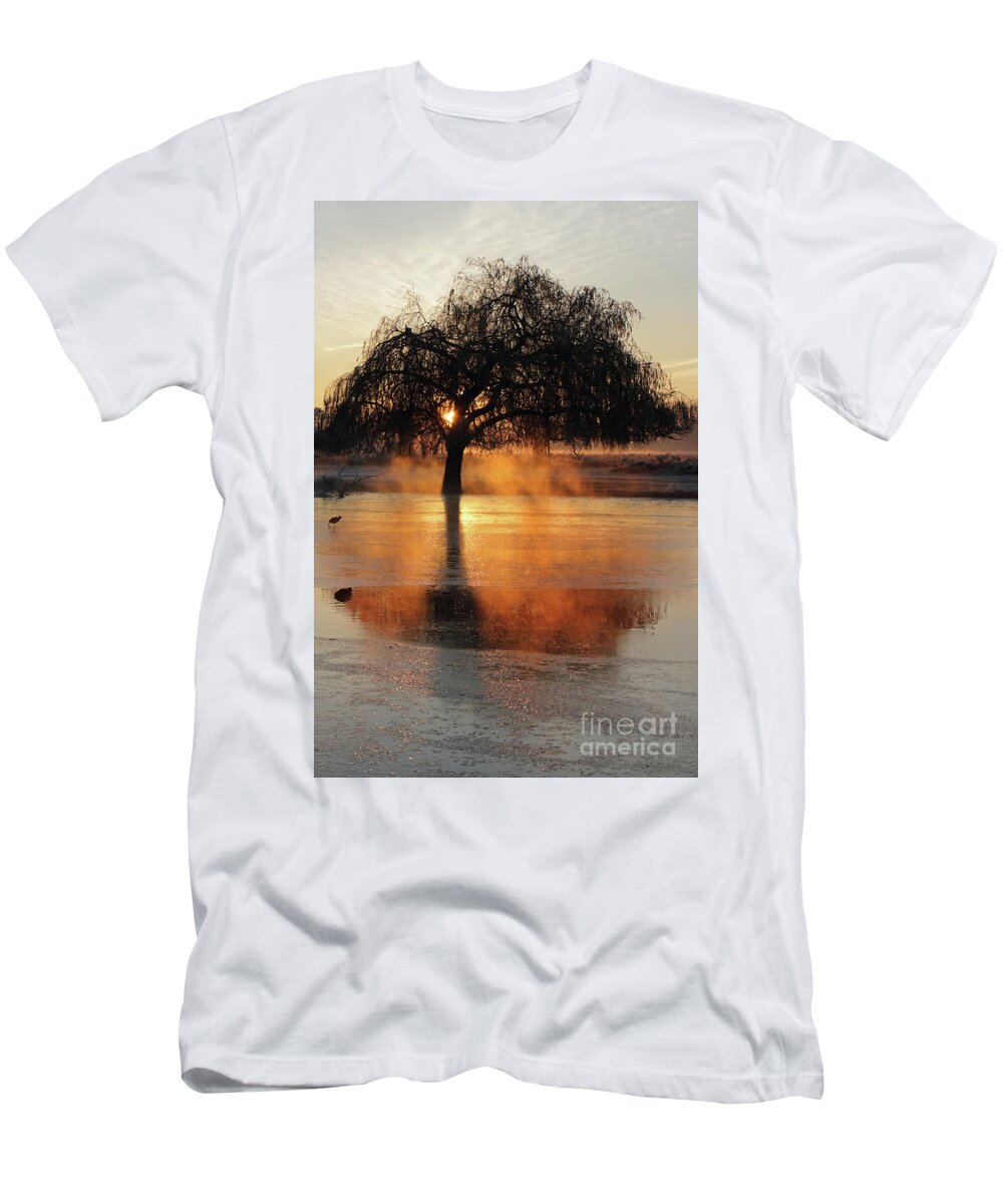 Frosty Sunrise Reflection Tree Lake T-Shirt featuring the photograph Frosty sunrise reflection by Julia Gavin