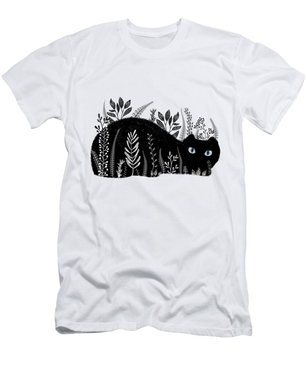 Cat T-Shirt featuring the drawing Garden Cat In Black And White by Little Bunny Sunshine