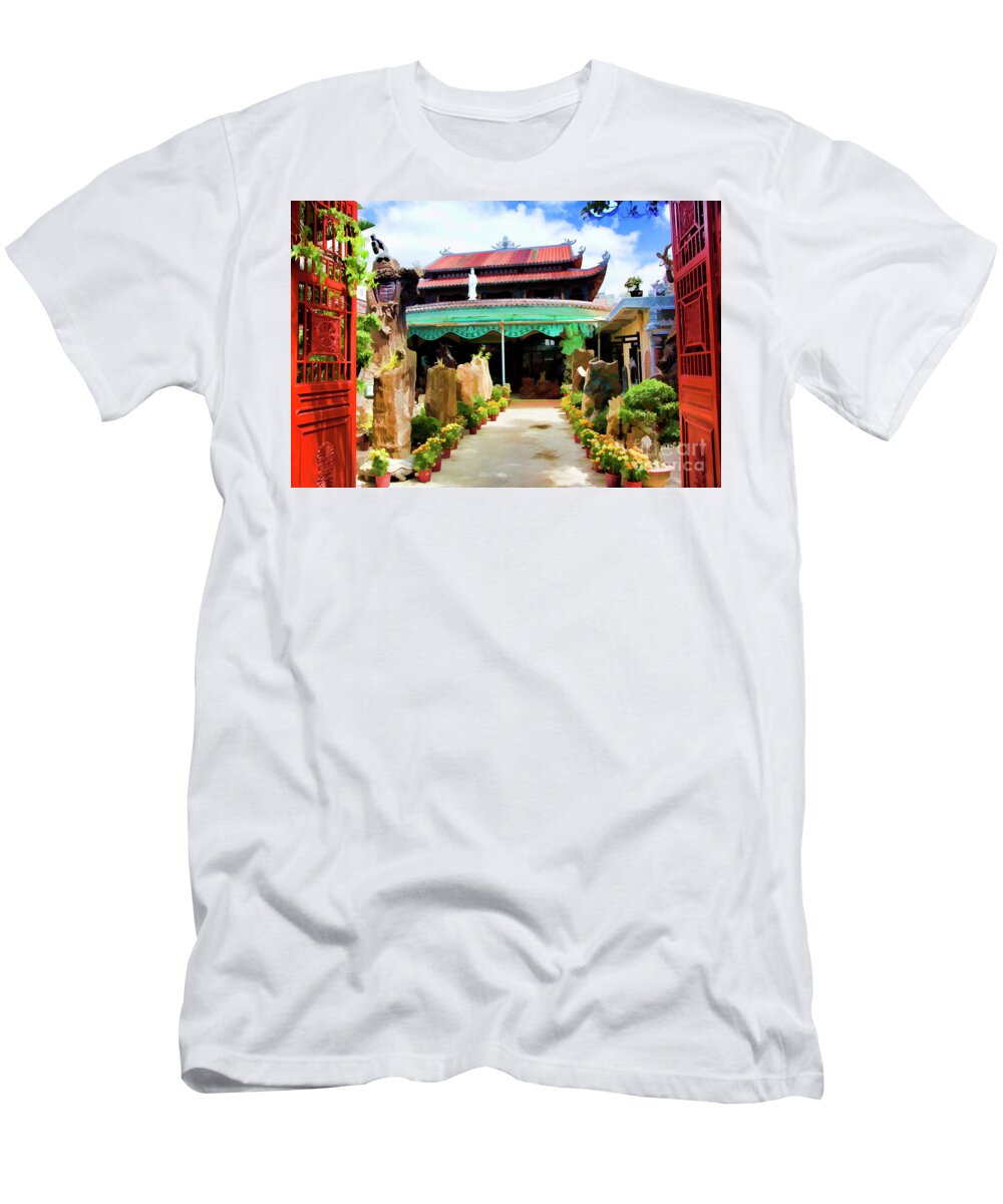  Glass Mosaic T-Shirt featuring the photograph Garden Entrance Pagoda Vietnam by Chuck Kuhn