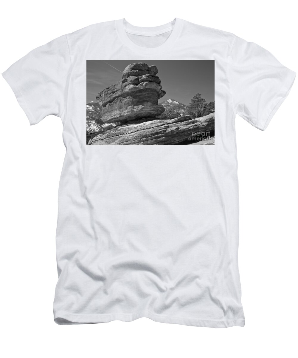Black T-Shirt featuring the photograph Garden Of The Gods Balanced Rock Black And White by Adam Jewell