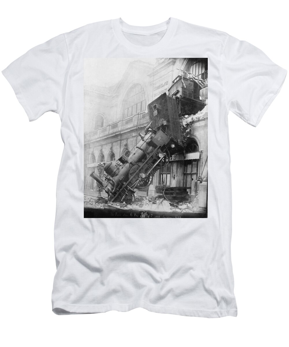Historic T-Shirt featuring the photograph Gare Montparnasse Train Wreck 1895 by Photo Researchers