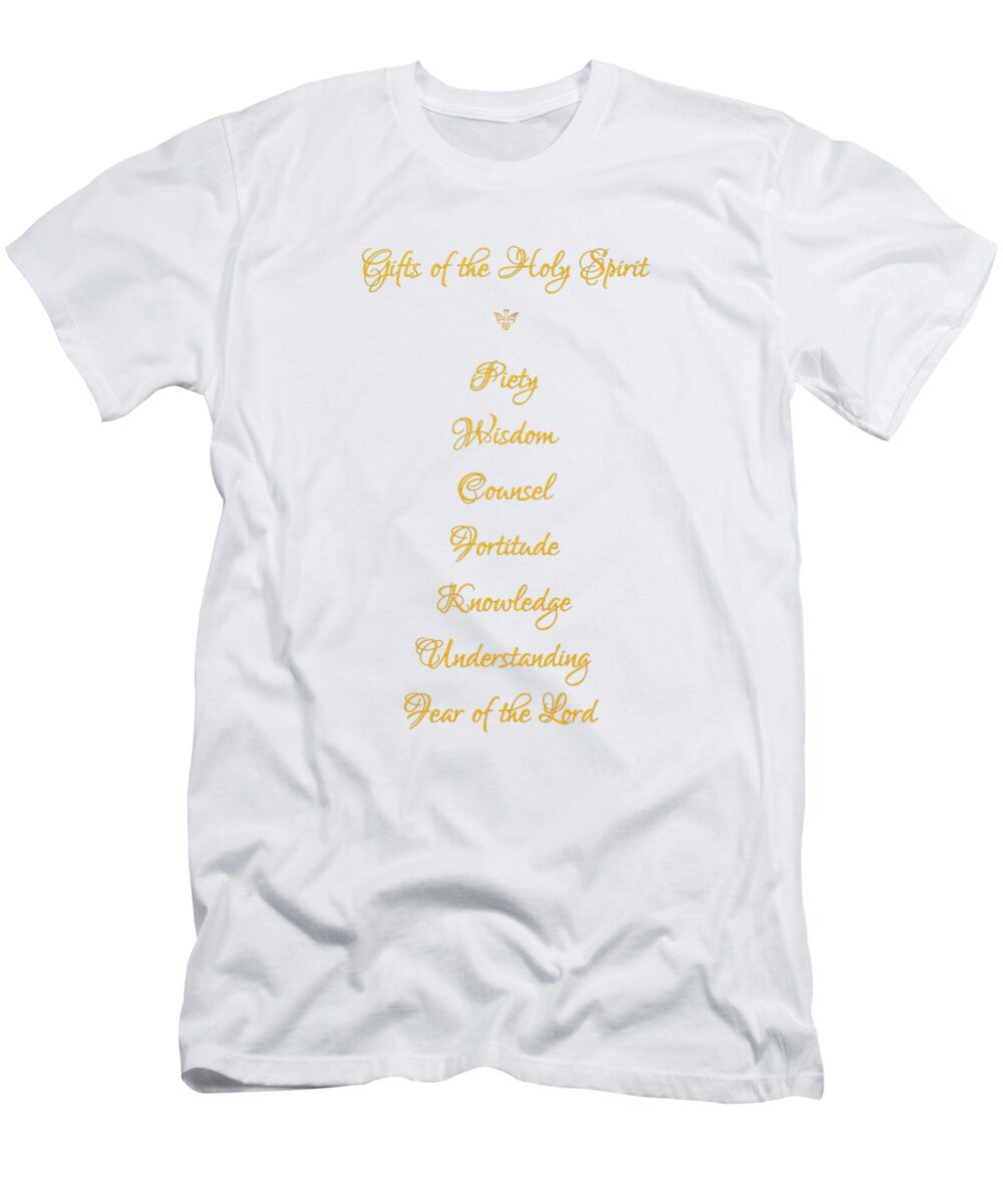 Gifts Of The Holy Spirit In A 3d Look Golden Script T-Shirt featuring the digital art Gifts of The Holy Spirit in a 3D Look Golden Script by Rose Santuci-Sofranko