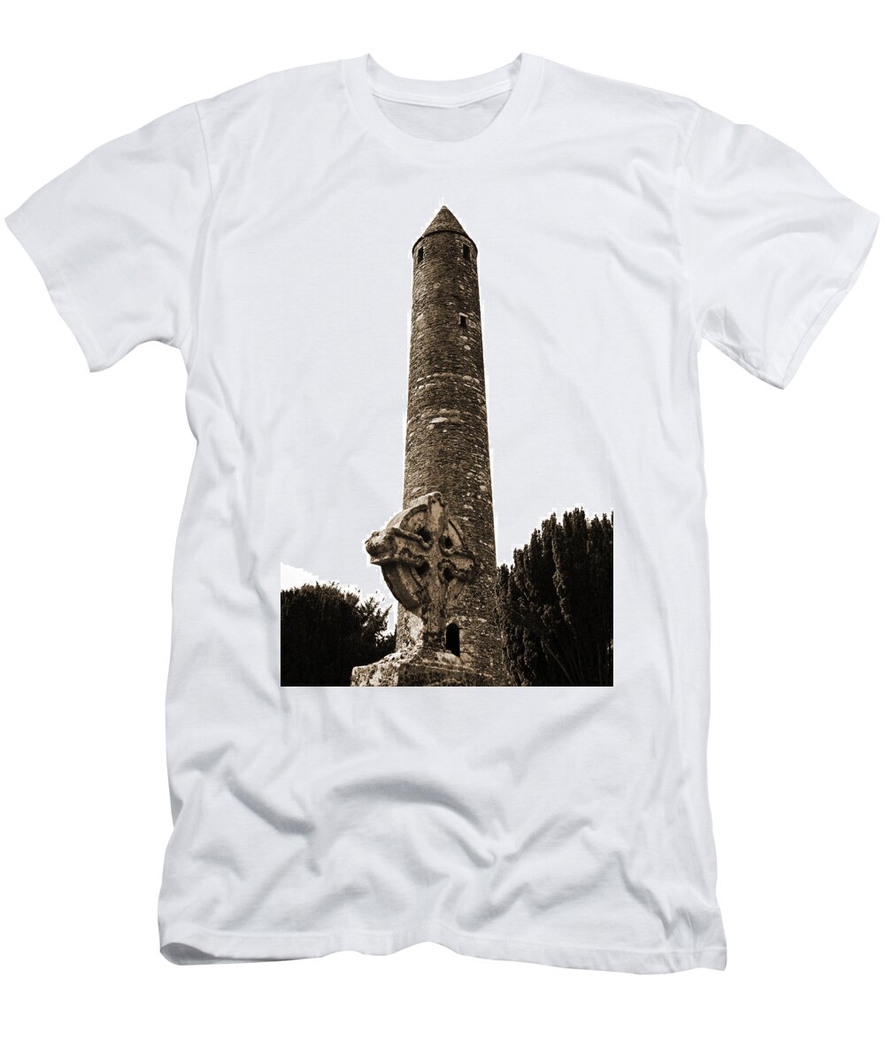Glendalough T-Shirt featuring the photograph Glendalough Irish Round Tower Behind Celtic Cross County Wicklow Ireland Sepia by Shawn O'Brien