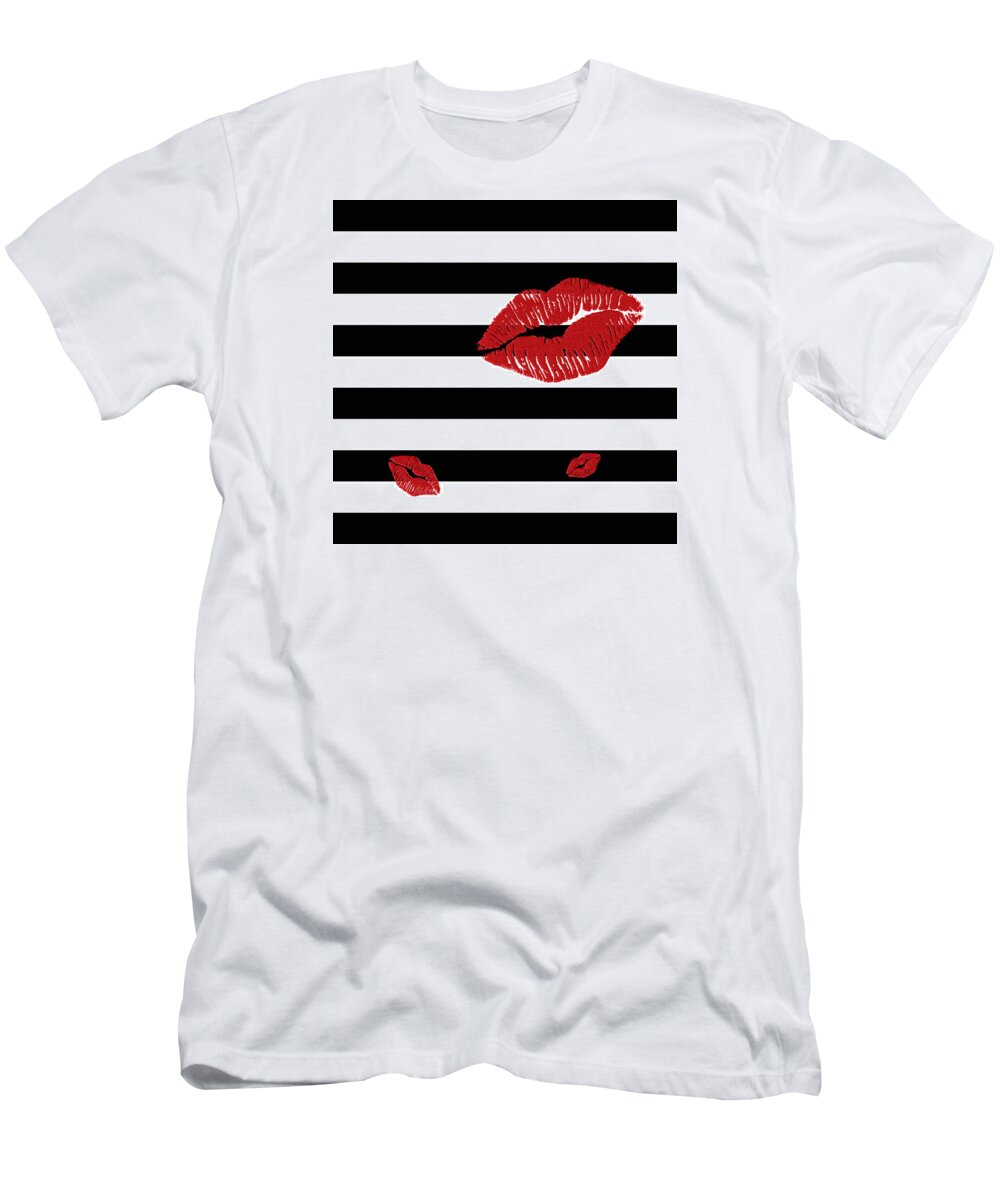Black And White Stripes T-Shirt featuring the painting Glitter Red Lips on Black and White Stripes by Georgeta Blanaru