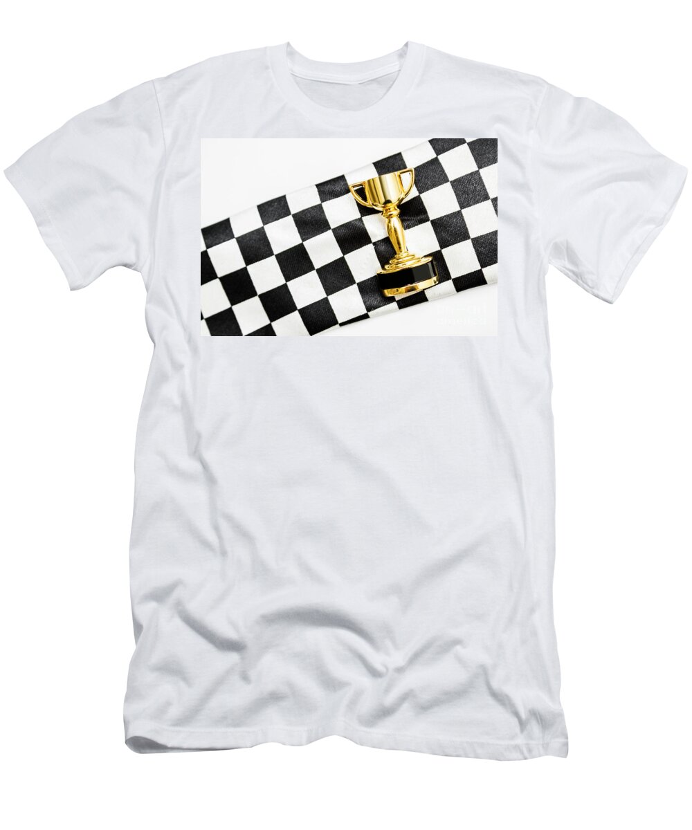 Melbourne T-Shirt featuring the photograph Gold trophy on a checked sport flag by Jorgo Photography