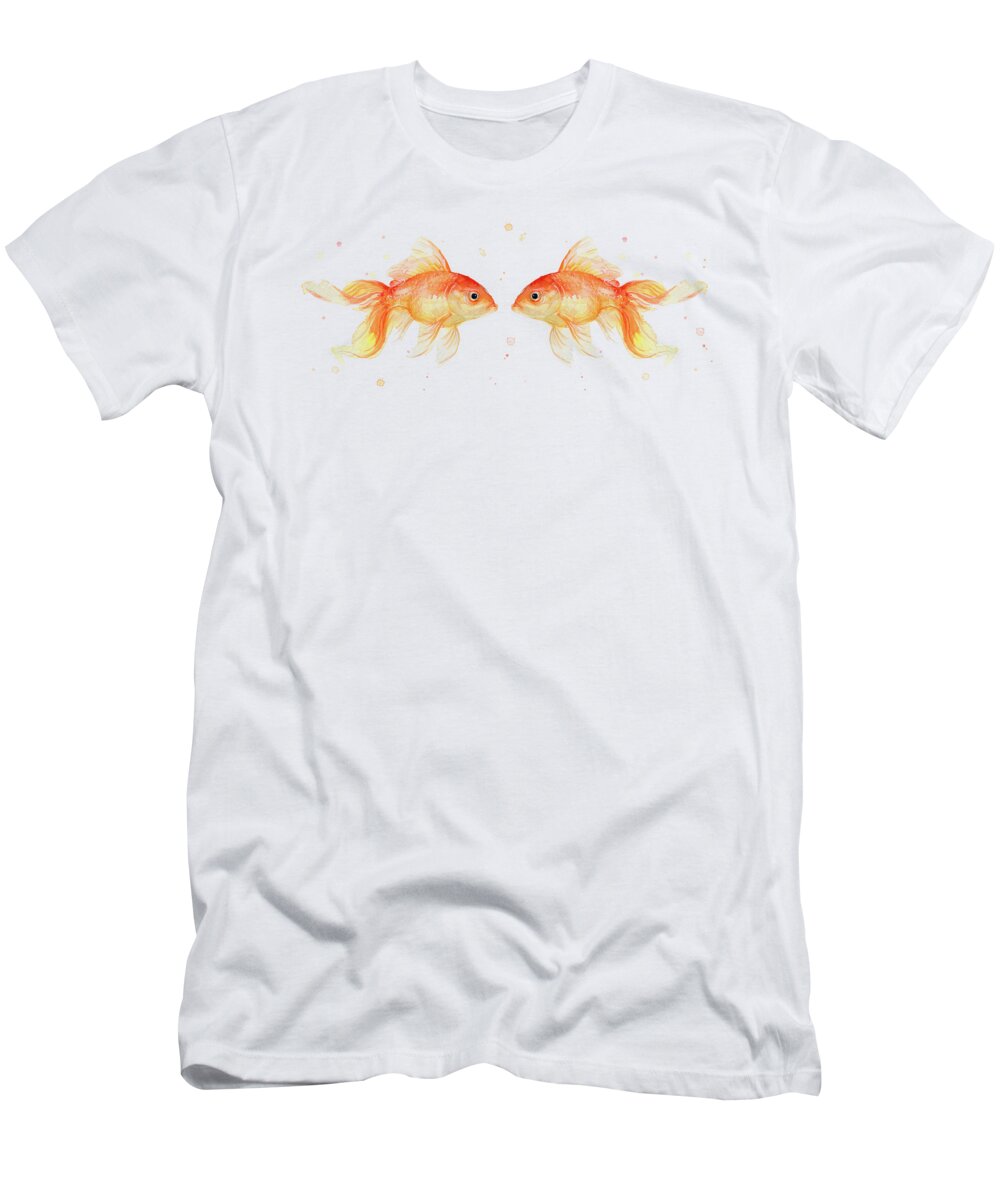 Gold T-Shirt featuring the painting Goldfish love Watercolor by Olga Shvartsur