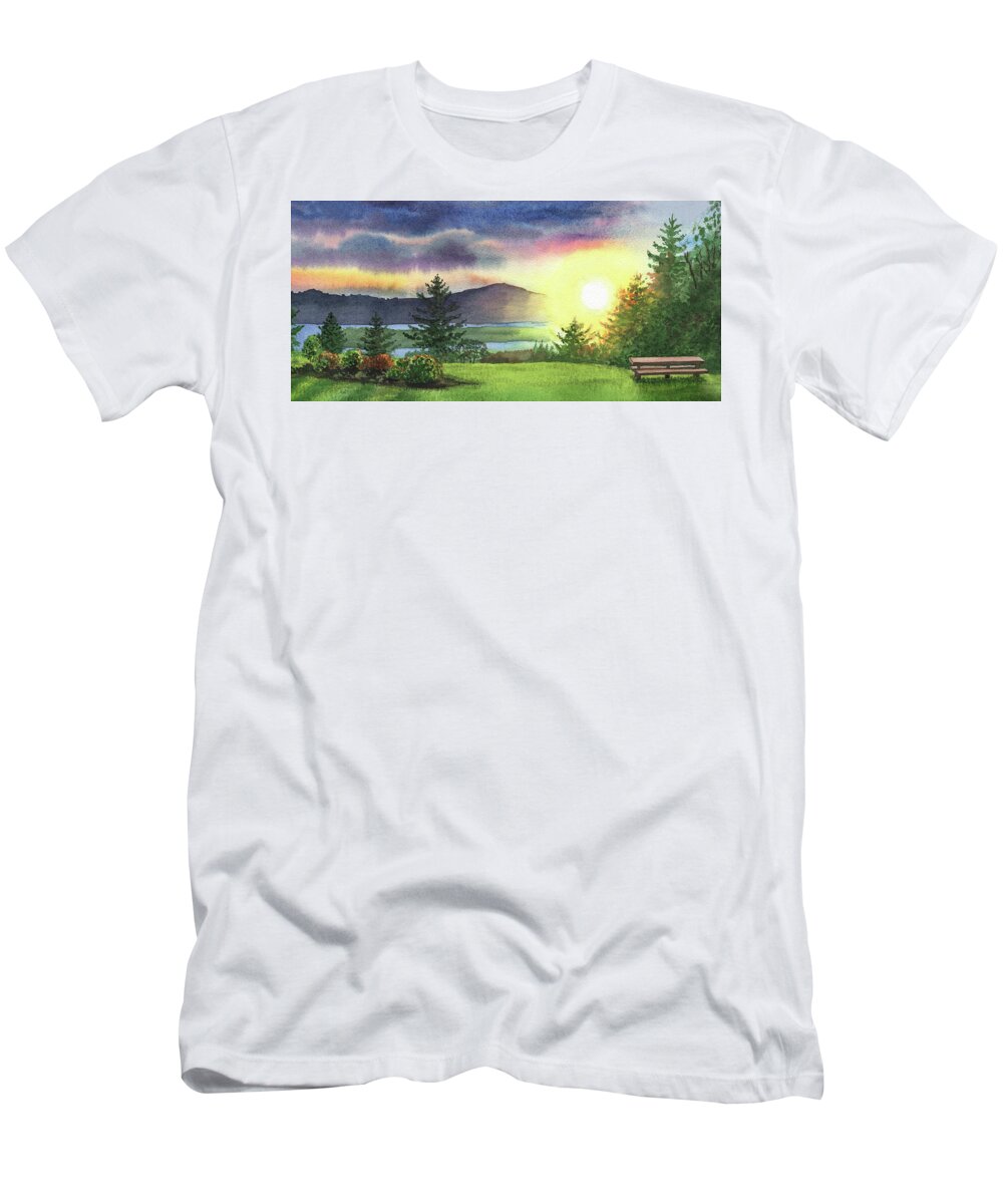 Columbia River T-Shirt featuring the painting Gorgeous Sunset Watercolor Painting by Irina Sztukowski