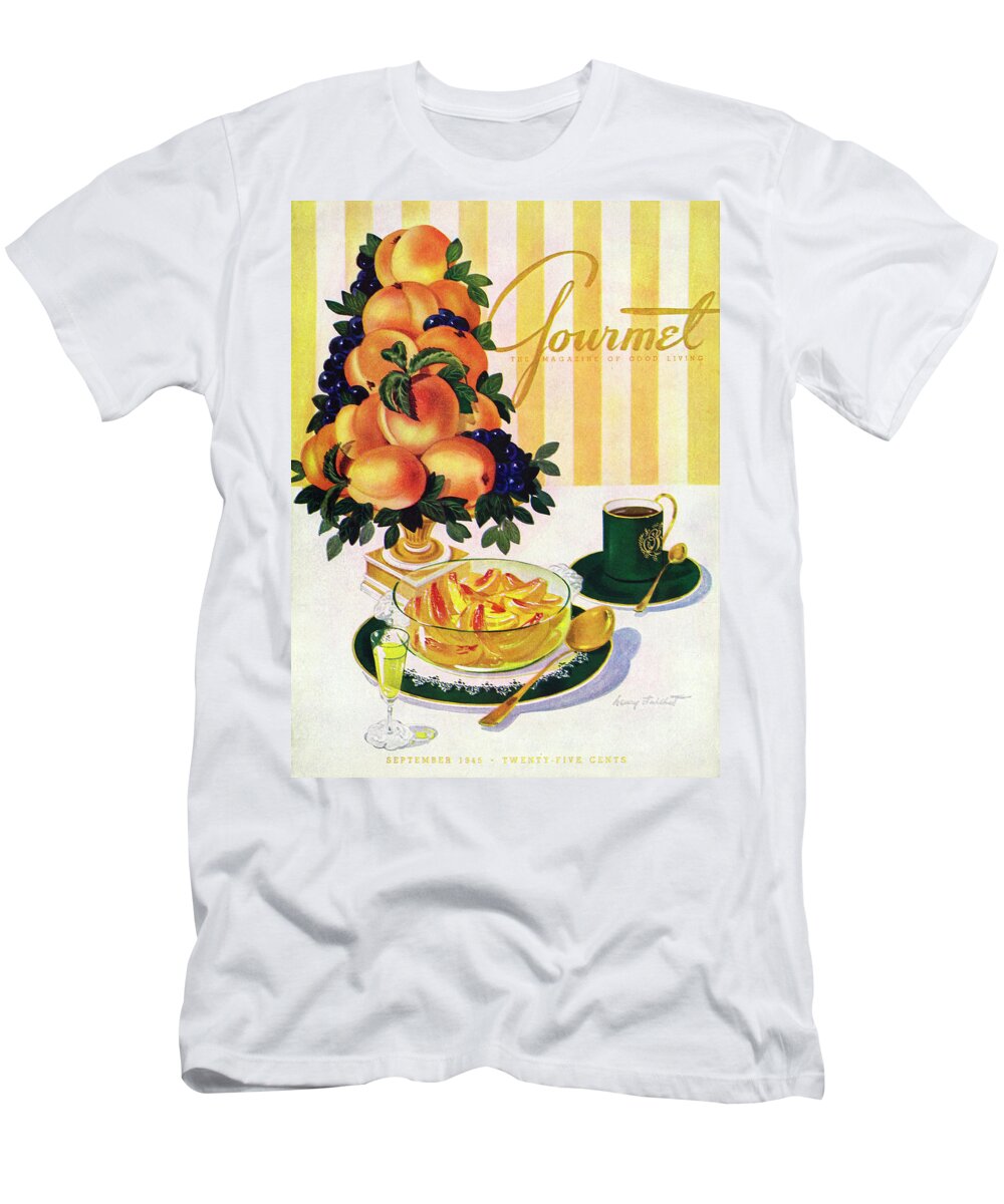 Illustration T-Shirt featuring the photograph Gourmet Cover Featuring A Centerpiece Of Peaches by Henry Stahlhut