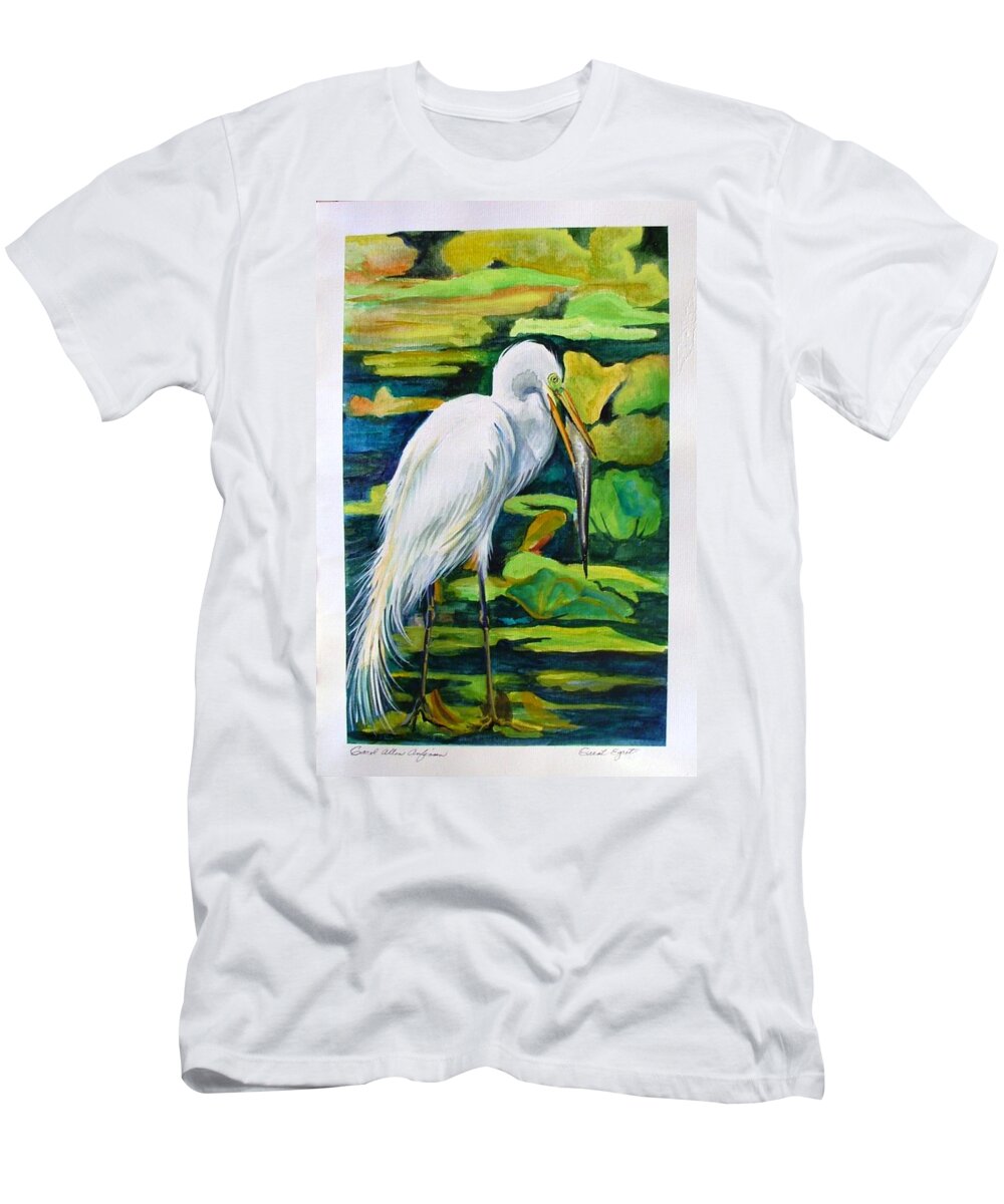 Water Birds T-Shirt featuring the painting Great Egret by Carol Allen Anfinsen