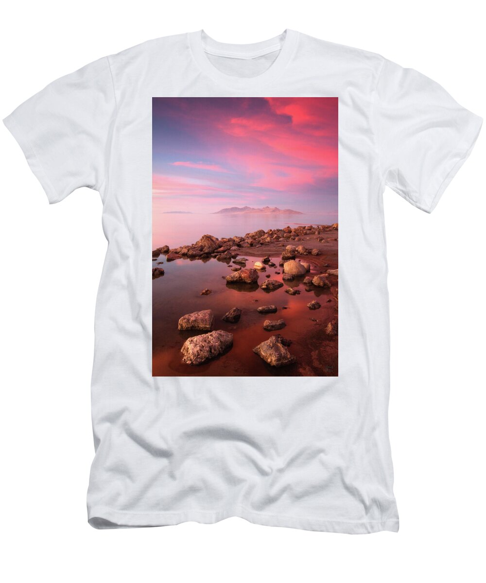Utah T-Shirt featuring the photograph Great Salt Lake and Antelope Island Sunset by Brett Pelletier