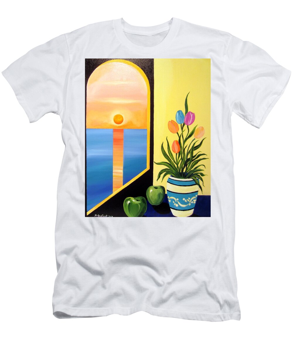 Sunset T-Shirt featuring the painting Green apples still life by Roberto Gagliardi