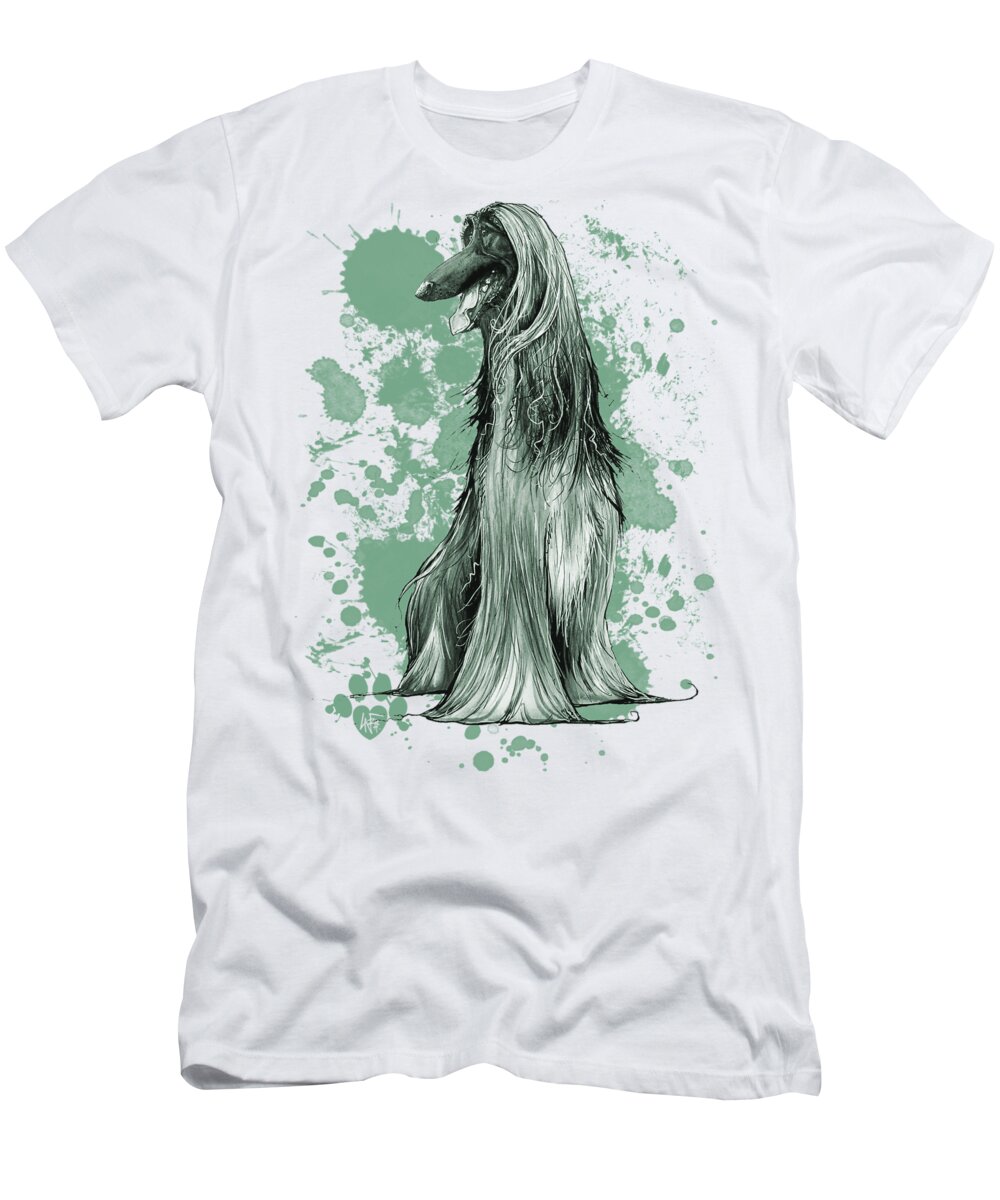 Afghan Hound T-Shirt featuring the drawing Green Paint Splatter Afghan Hound by Canine Caricatures By John LaFree