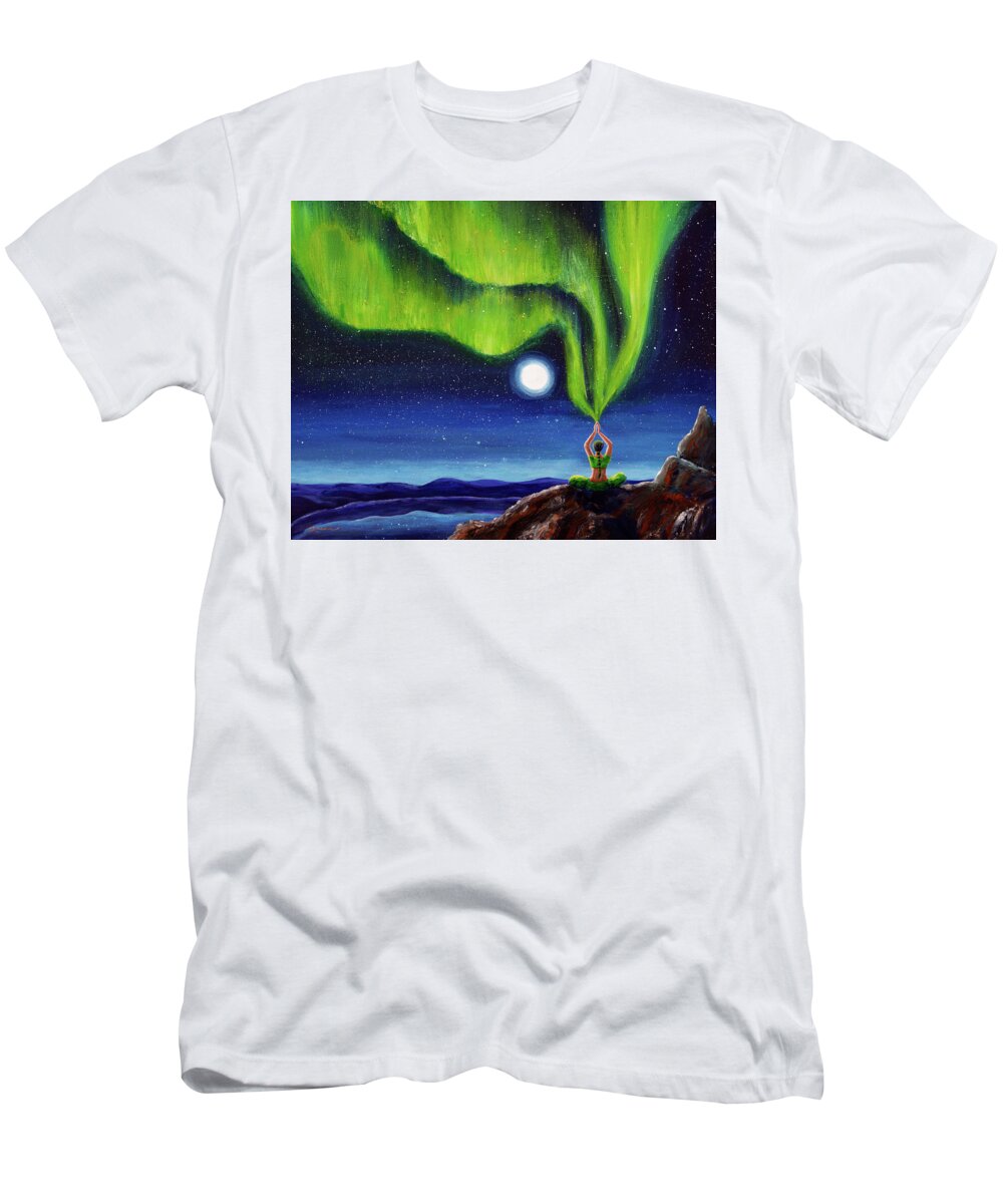 Meditation T-Shirt featuring the painting Green Tara Creating the Aurora Borealis by Laura Iverson