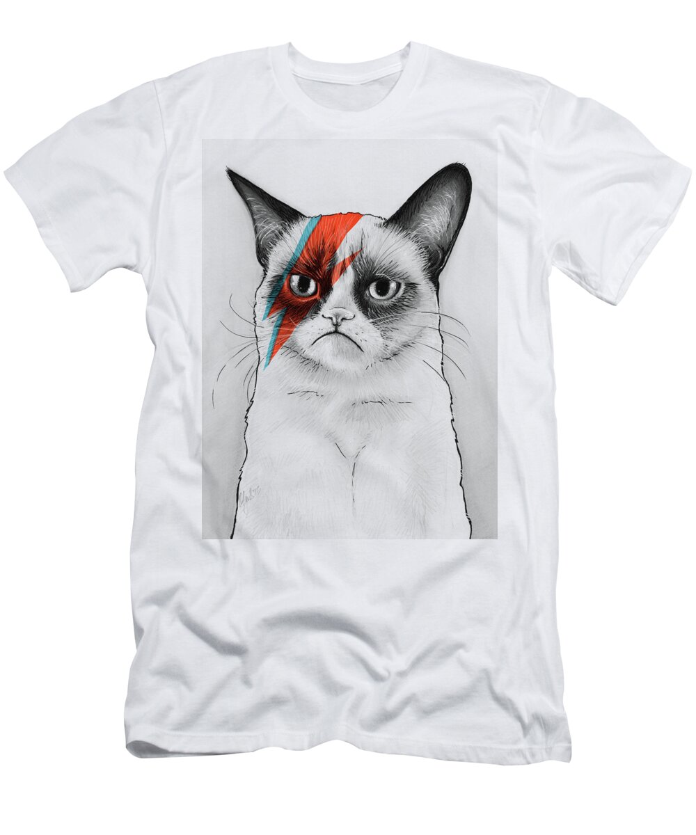 Grumpy Cat T-Shirt featuring the drawing Grumpy Cat Portrait by Olga Shvartsur