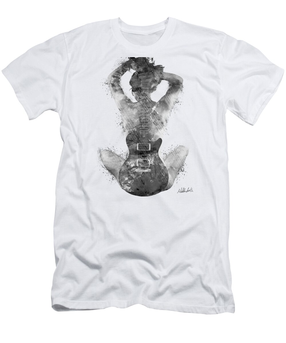 Guitar T-Shirt featuring the digital art Guitar Siren in Black and White by Nikki Smith