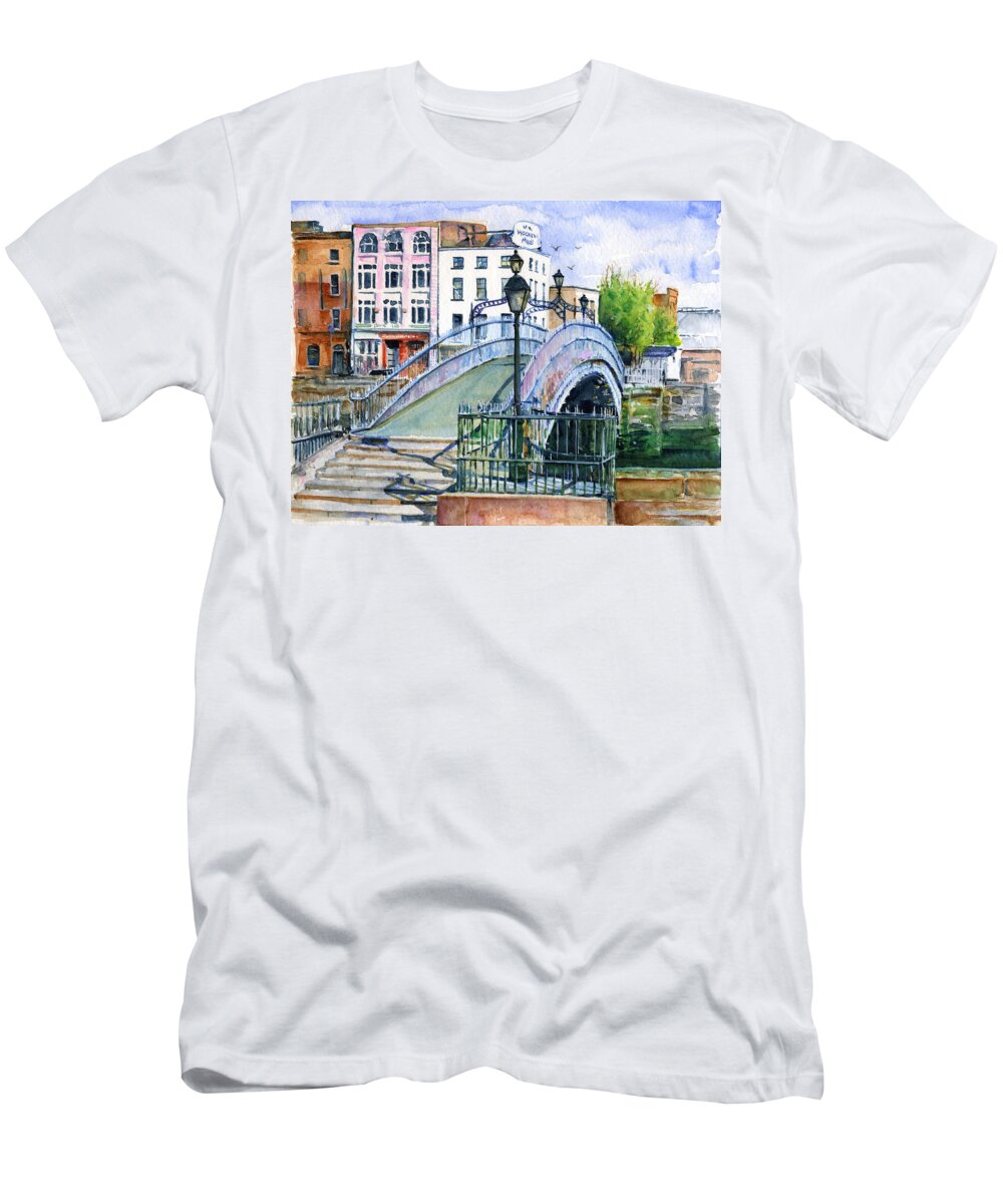 H'penny T-Shirt featuring the painting Ha'penny Bridge Dublin by John D Benson