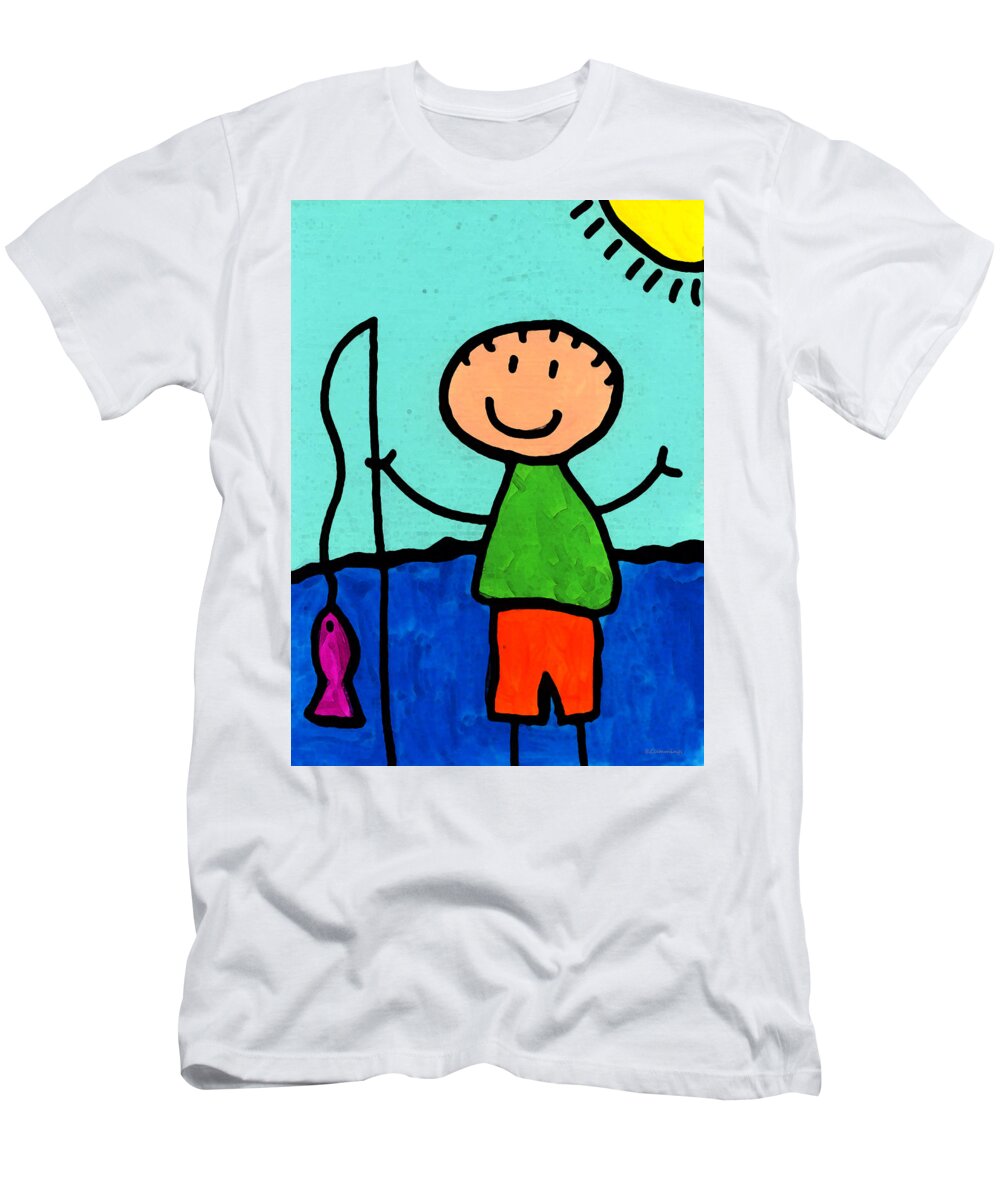Childlike T-Shirt featuring the painting Happi Arte 2 - Boy Fish Art by Sharon Cummings