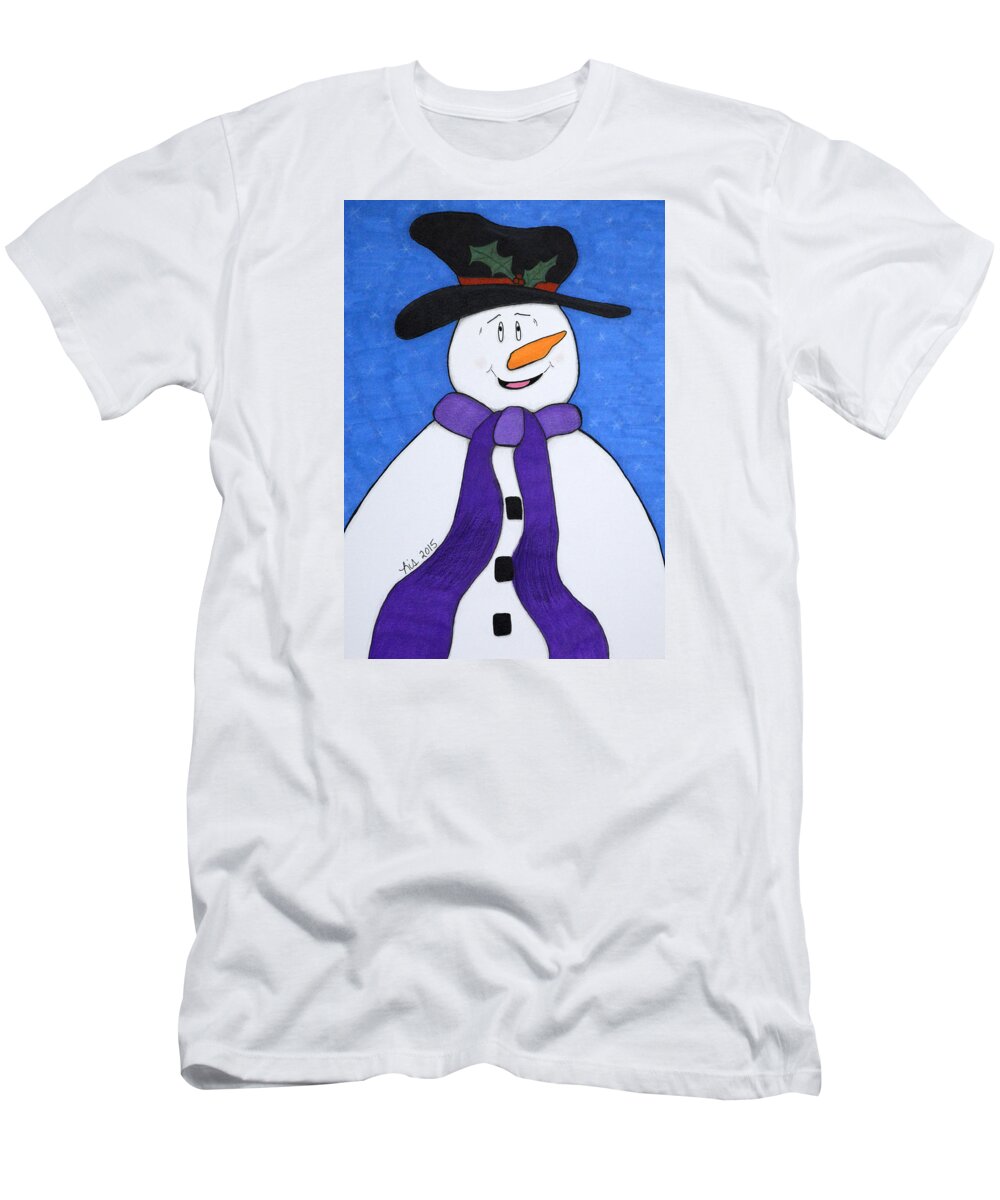 Snowman T-Shirt featuring the drawing Happiness Snowman by Lisa Blake