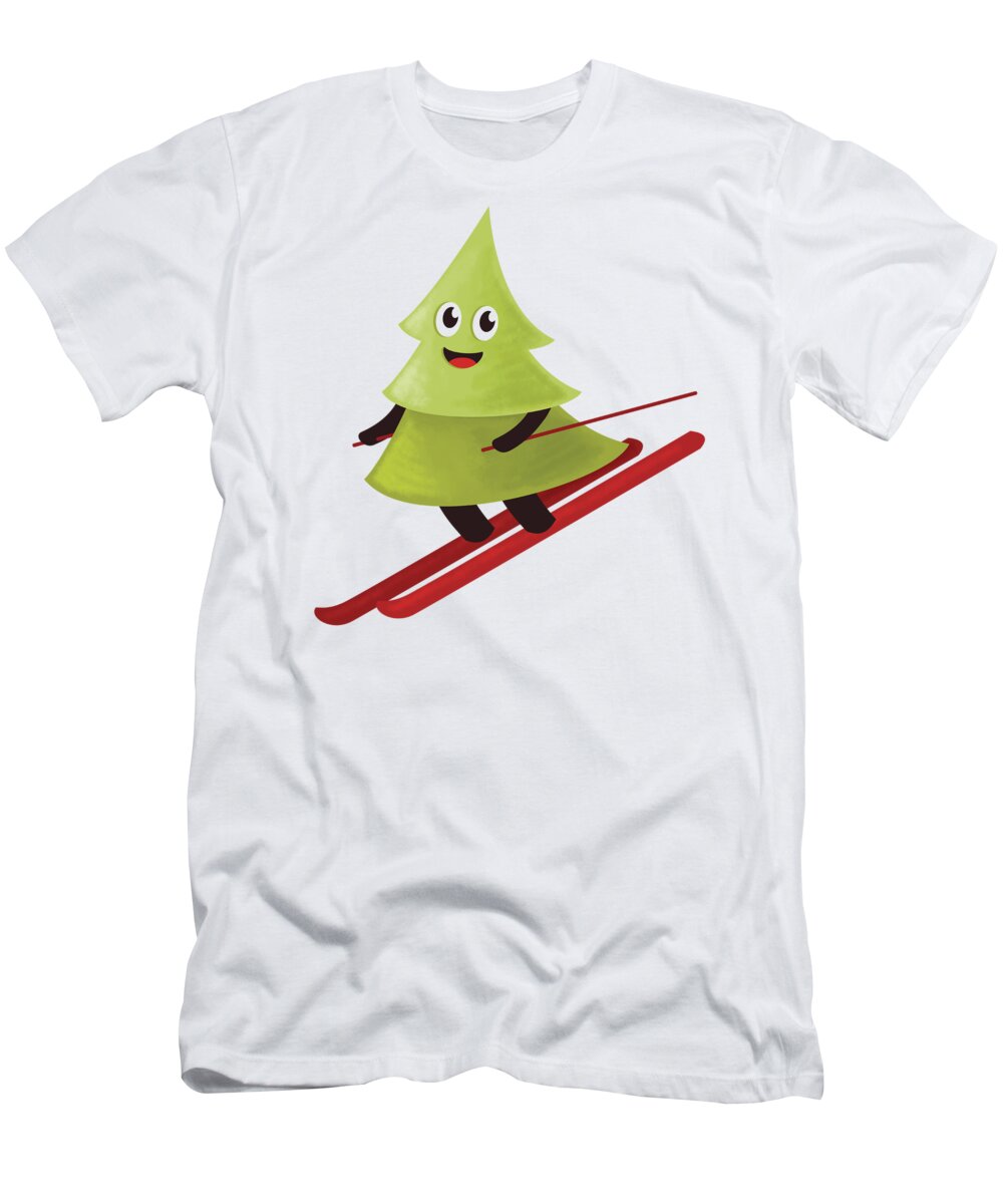 Tree T-Shirt featuring the digital art Happy Pine Tree On Ski by Boriana Giormova