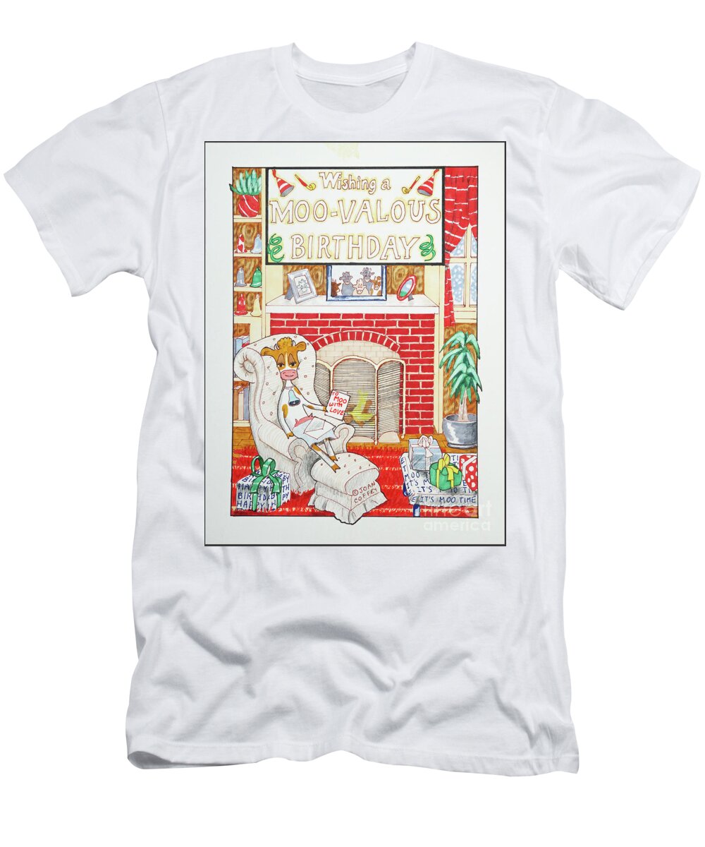 Birthday T-Shirt featuring the drawing Have a Moovalous Birthday by Joan Coffey