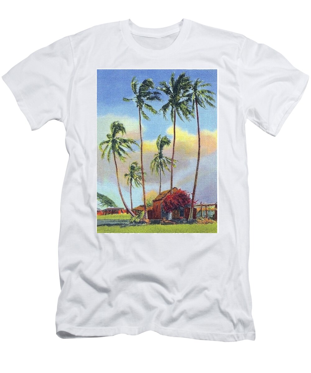 Hawaii T-Shirt featuring the painting Hawaii, traditional cottage with palms over blue sky by Long Shot