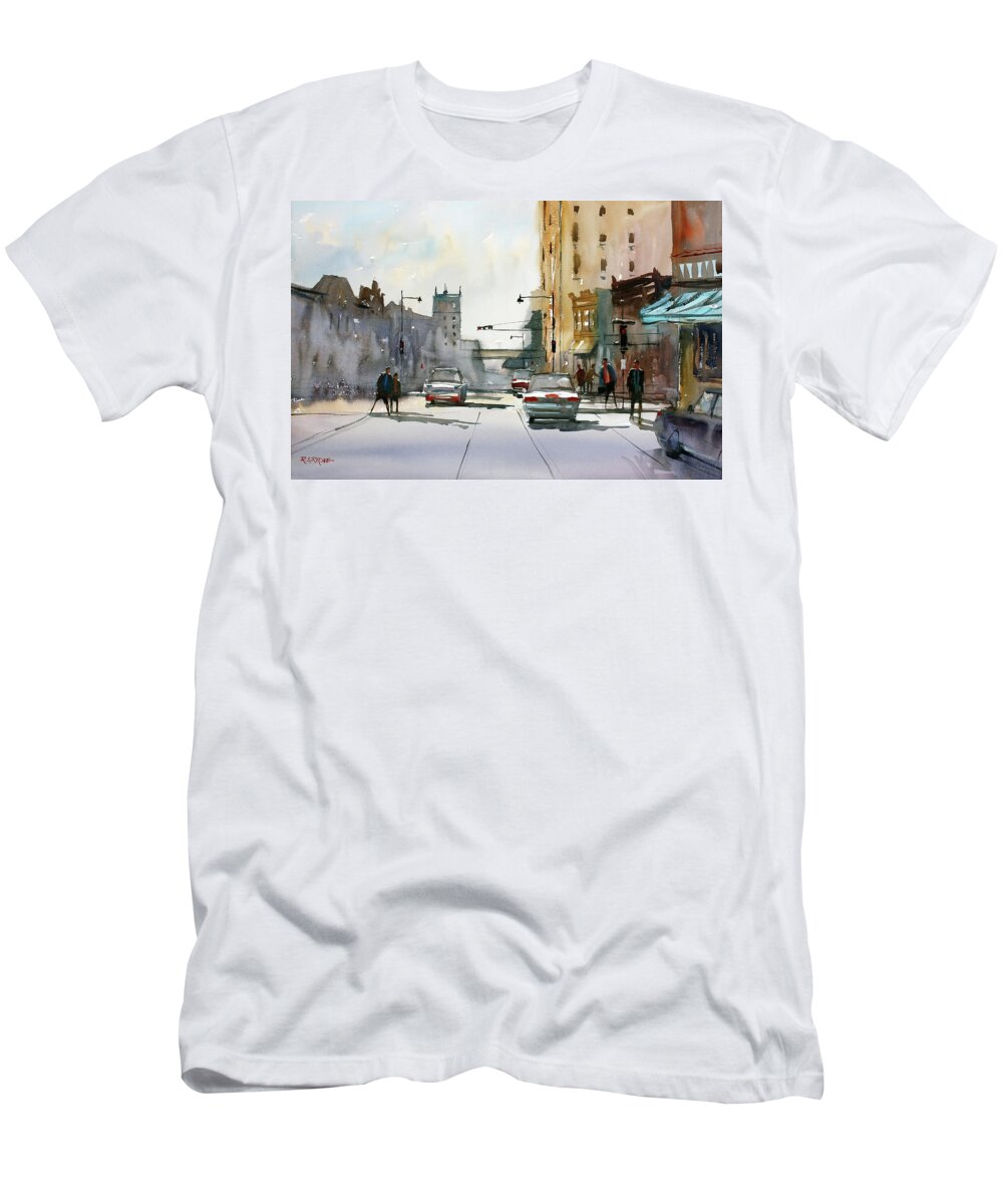 Ryan Radke T-Shirt featuring the painting Heading West on College Avenue - Appleton by Ryan Radke