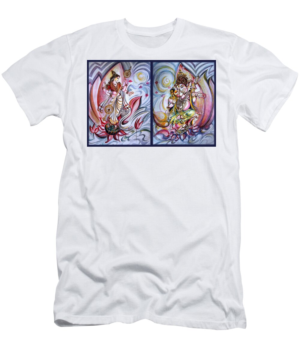 Ganesha T-Shirt featuring the painting Healing Art - Musical Ganesha and Saraswati by Harsh Malik