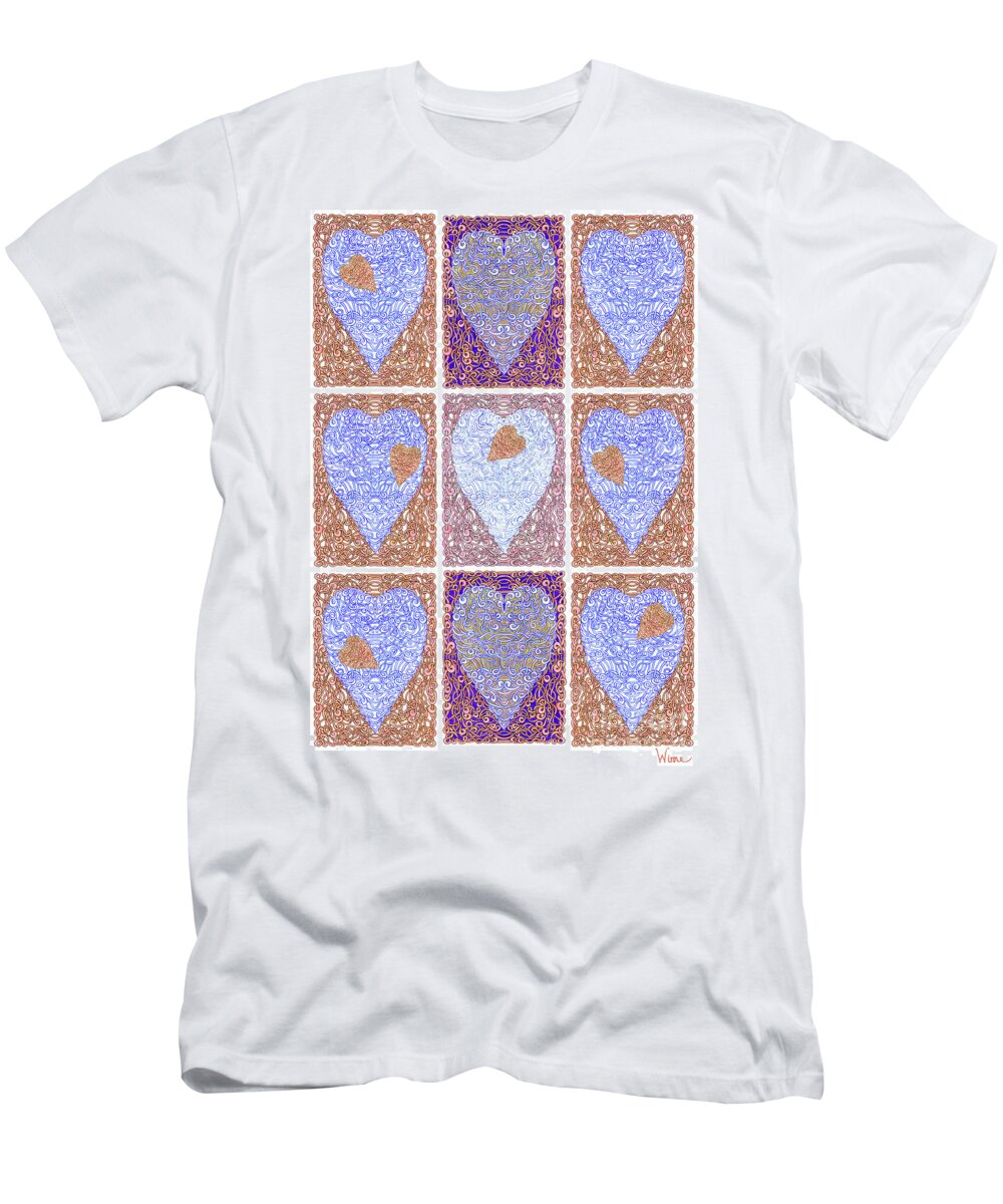 Lise Winne T-Shirt featuring the digital art Hearts Within Hearts In Copper and Blue by Lise Winne