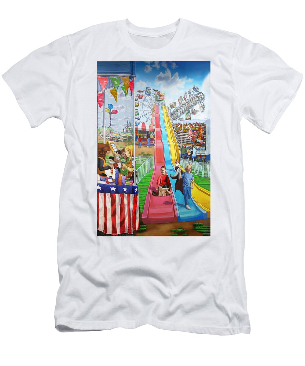 Long Island T-Shirt featuring the painting Hecksher Park Fair by Bonnie Siracusa