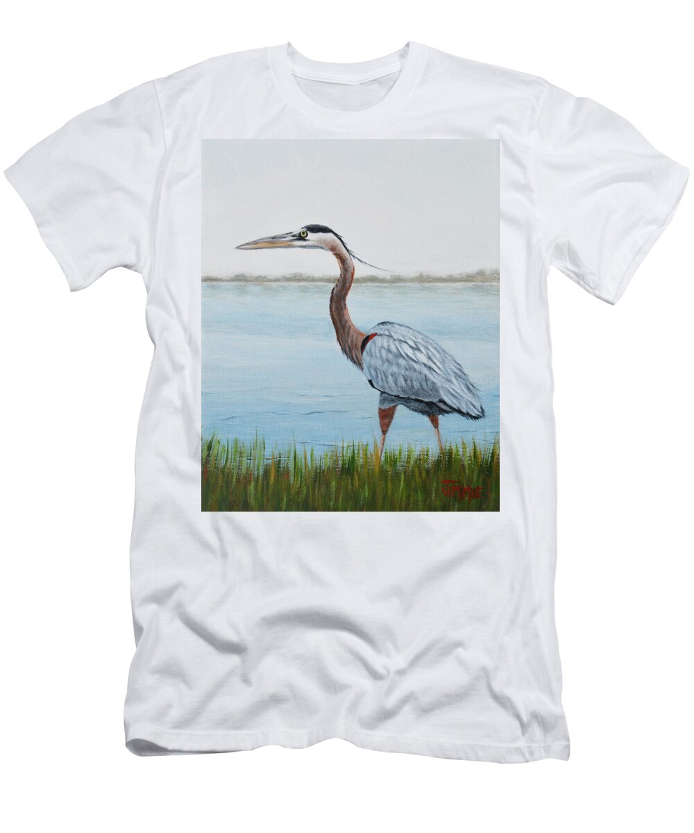 Heron T-Shirt featuring the painting Heron in the Marsh by Jimmie Bartlett