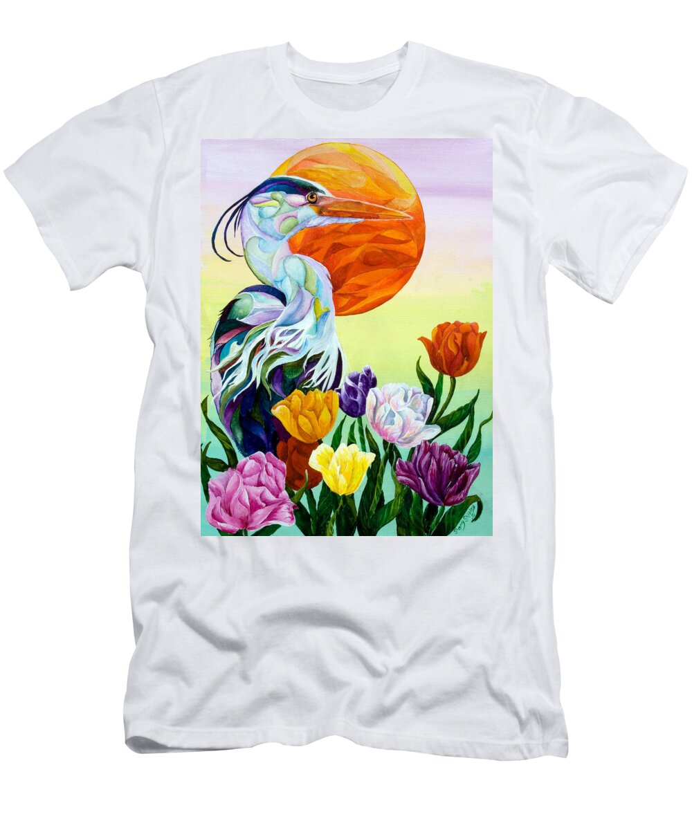 Heron T-Shirt featuring the painting Heron with Tulips by Sherry Shipley