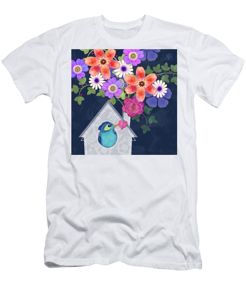 Bird House T-Shirt featuring the digital art Home is Where You Bloom by Valerie Drake Lesiak