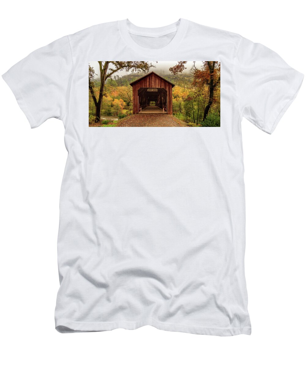Covered Bridge T-Shirt featuring the photograph Honey Run Covered Bridge In Autumn by James Eddy