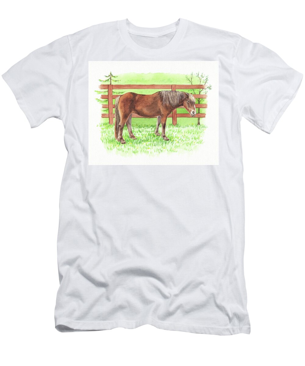 Horse T-Shirt featuring the painting Horse Standing At The Ranch Watercolor by Irina Sztukowski