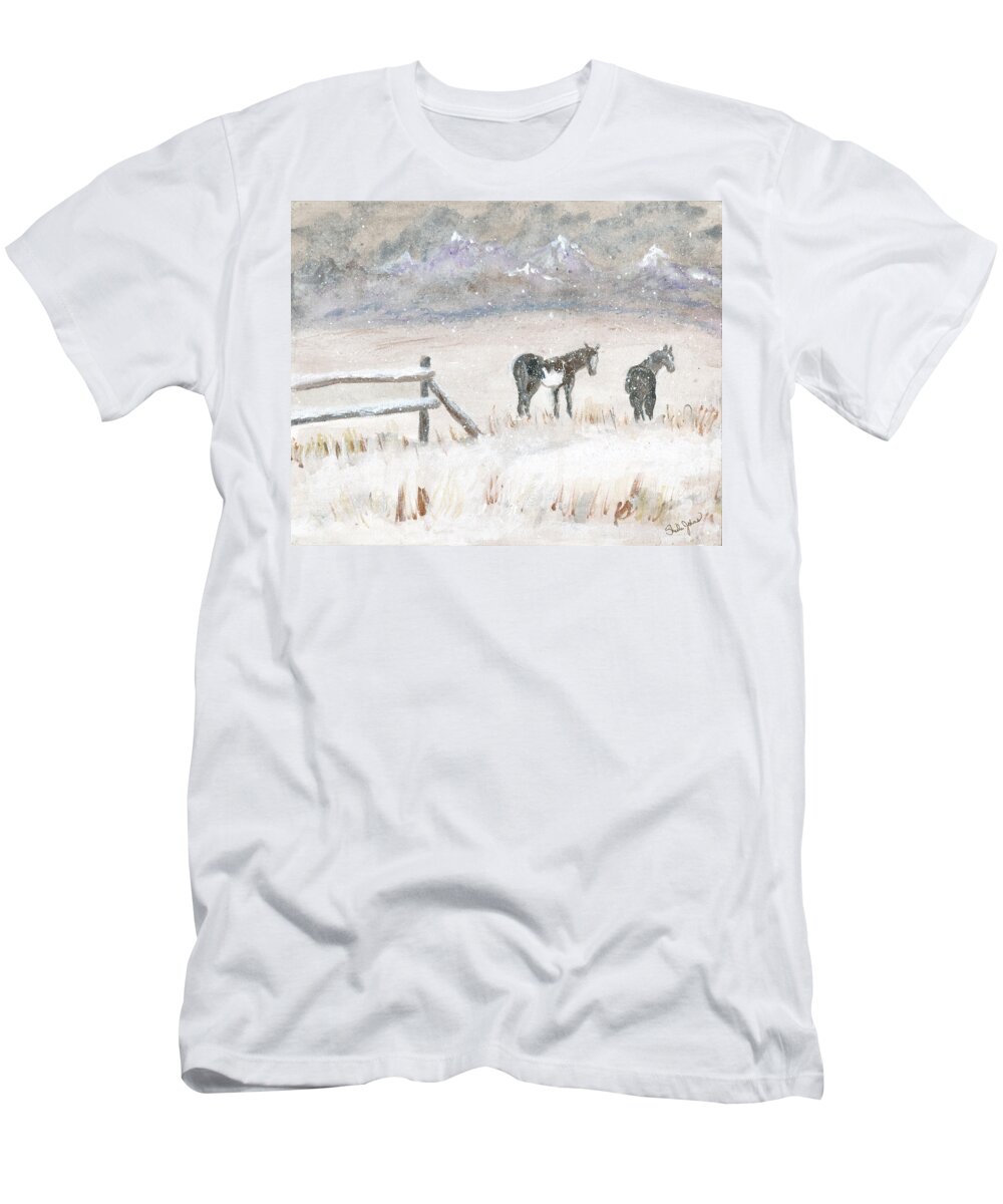 Horses T-Shirt featuring the painting Horses in Snow by Sheila Johns