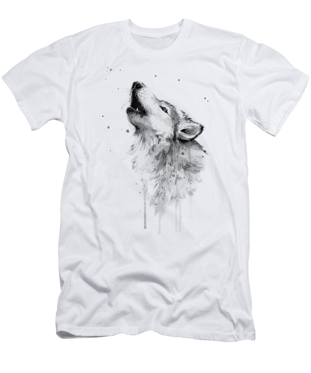 Watercolor T-Shirt featuring the painting Howling Wolf Watercolor by Olga Shvartsur
